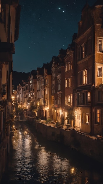 Vista del río en el medio de la ciudad por la noche