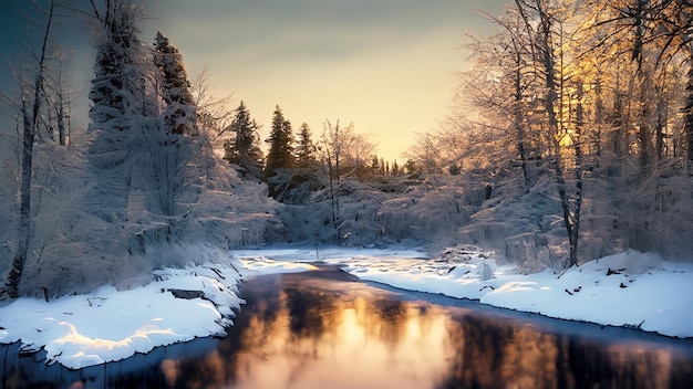 Vista de un río medio congelado con Alemania en invierno al atardecer
