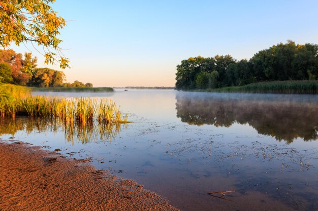 Vista del río en la niebla al amanecer Niebla sobre el río por la mañana