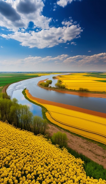 Una vista del río que atraviesa el campo con flores amarillas ai generativo