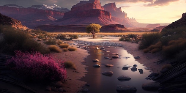 Vista de un río con rocas y árbol generativo ai