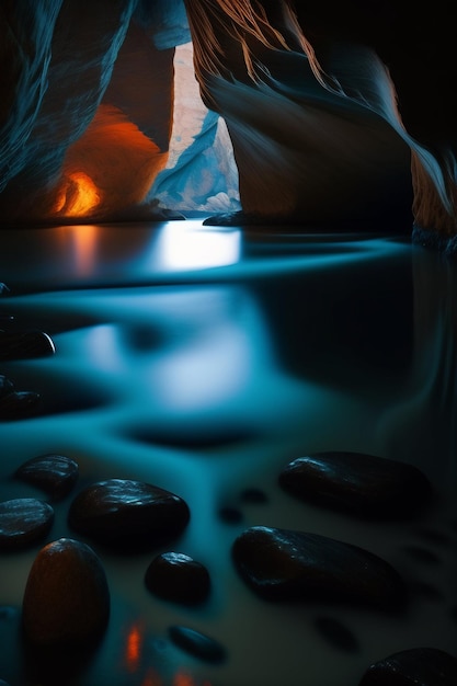 Vista del río subterráneo en la cueva.