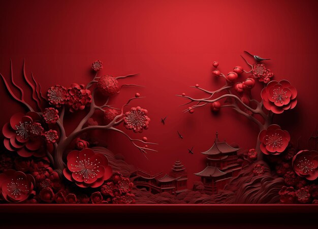 Vista roja 3D con árbol de construcción chino y grandes flores sobre fondo rojo Ciudad roja de estilo chino GenerativeAI