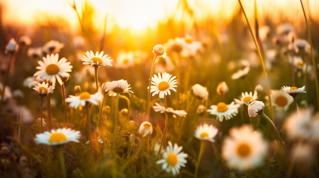 Una vista romántica de ensueño de flores silvestres que se mecen en la cálida luz del atardecer rodeadas de un suave desenfoque etéreo