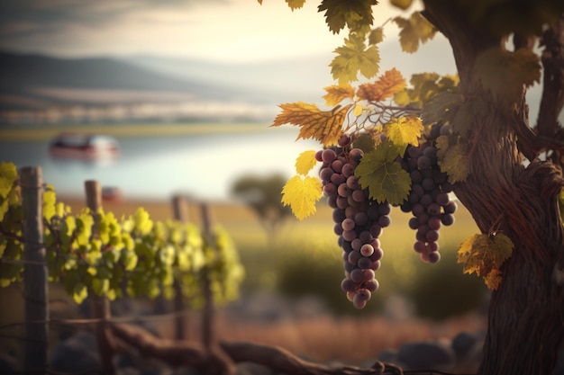 Vista romántica desde un viñedo con uvas y vides