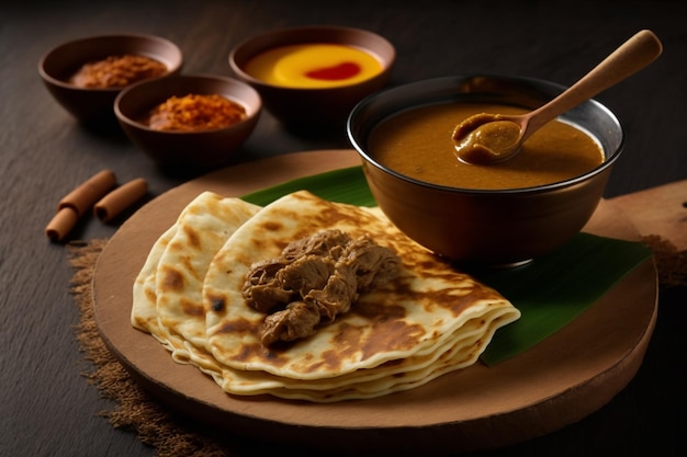 Vista de roti canai y curry de cordero La combinación del cálido y crujiente roti canai con el picante