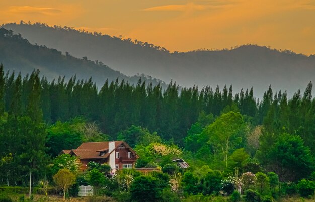 Vista rural uma casa de campo com fumaça da chaminé ao lado da floresta de pinheiros Casa de campo rural com cadeias de montanhas no fundo ao pôr do sol