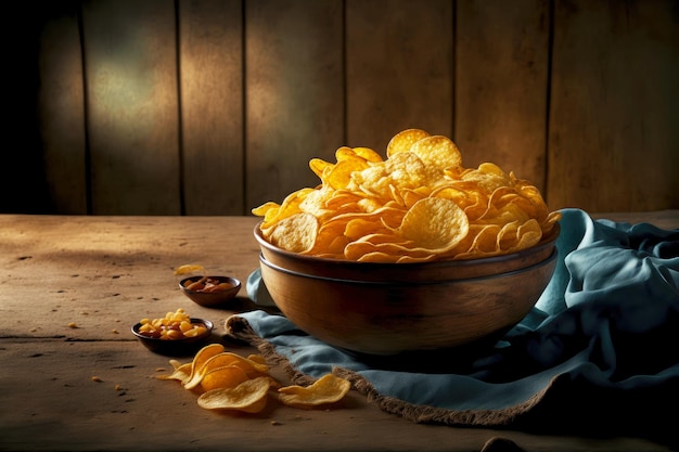 Vista rústica de un tazón lleno de papas fritas en una mesa de madera