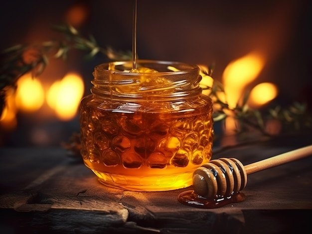 Vista saborosa de um mel fresco em uma jarra de vidro