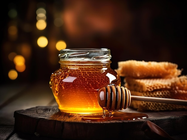 Vista sabrosa de una miel fresca en un frasco de vidrio