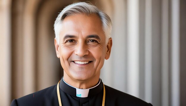 Vista de un sacerdote sonriente con un collar