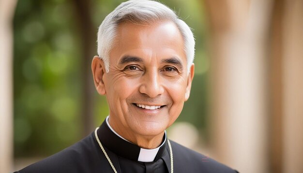 Vista de un sacerdote sonriente con un collar