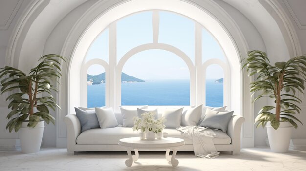 Vista de la sala de estar en estilo mediterráneo con arco