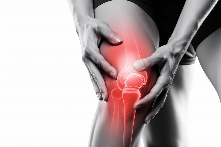 Vista de la sección media de la persona que experimenta dolor de rodilla con resplandor rojo Concepto de lesión Inflamación Artritis Foto de archivo médico