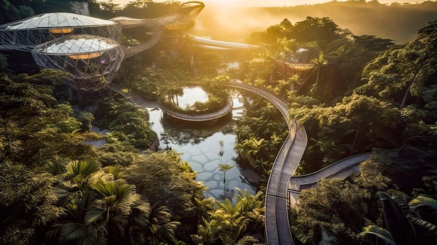 Una vista de la selva tropical al atardecer.