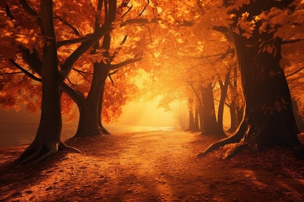 Foto vista del sendero junto con los árboles de otoño en el bosque