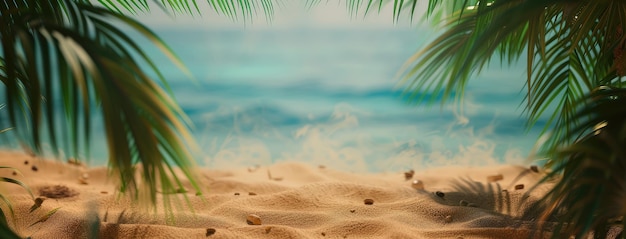 Vista serena da praia tropical através das folhas de palmeira