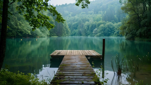 Vista serena do lago com cais de madeira cercado por árvores da floresta reflexo de água calma cena de natureza pacífica ideal para papéis de parede e fundos AI