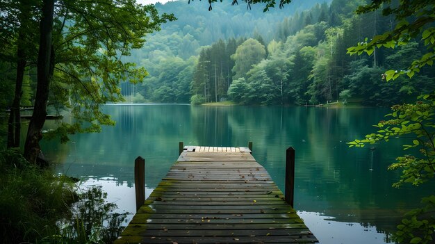 Vista serena do lago com cais de madeira fundo de floresta exuberante paisagem natural para relaxamento e arte de parede AI