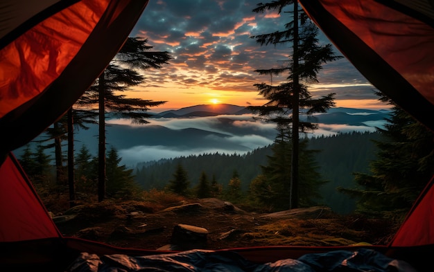 Vista del sereno paisaje desde dentro de una tienda de campaña puesta de sol