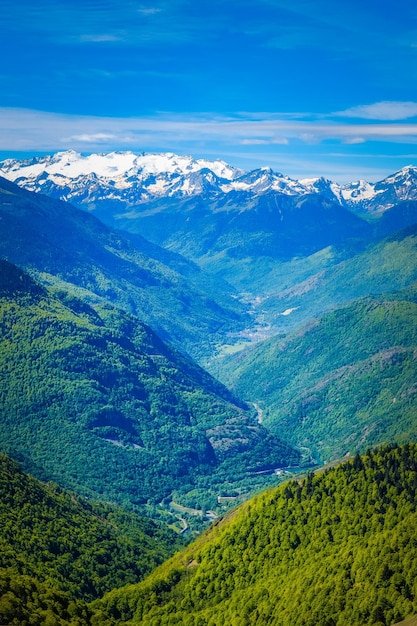 Vista sobre la cordillera de los Pirineos cubiertos de nieve desde la cumbre del Tuc de l'Etang (Francia)