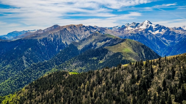 Vista sobre la cordillera de los Pirineos cubiertos de nieve desde la cumbre del Tuc de l'Etang (Francia)