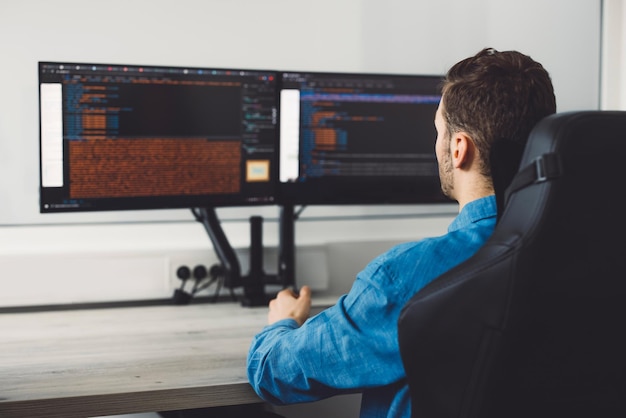 Vista sobre el hombro del programador de TI trabajando en dos pantallas en la oficina
