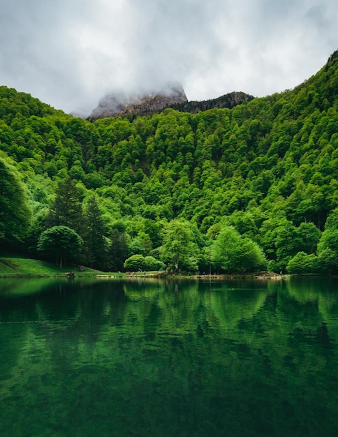 Vista sobre el lago de montaña de Bethmale y el reflejo verde en el agua en los Pirineos franceses