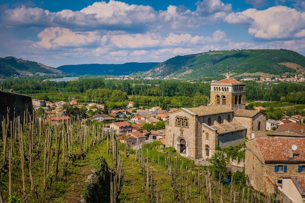 Vista sobre los viñedos de Ardeche y la iglesia románica de San Martín en Vion, en Francia