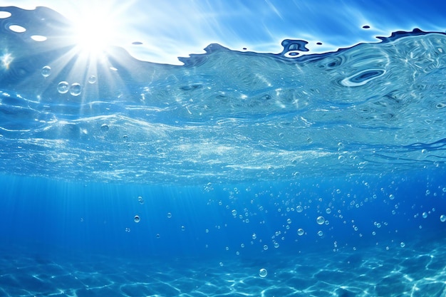 Foto vista subaquática da superfície azul da água do mar com raios solares e bolhas