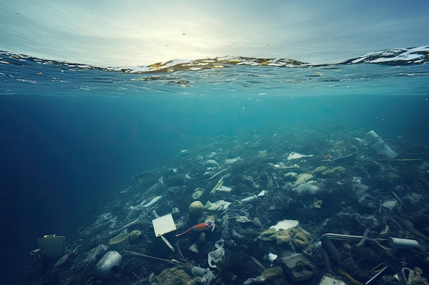 Vista subaquática de lixo e lixo flutuando no mar Poluição ambiental Resíduos plásticos no mar Conceito de poluição ambiental Renderização 3D AI Gerado