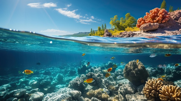 Vista subaquática de recifes de corais e peixes tropicais Paisagem subaquática tropical