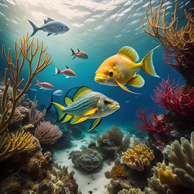 Vista subaquática de recifes de coral tropicais com peixes e vida marinha generativa ai