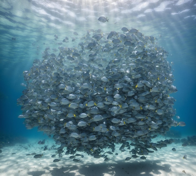 Vista subaquática de um cardume de peixes em um recife de coral