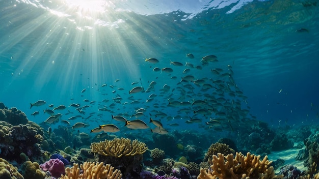 Vista subaquática de um cardume de peixes nadando no Mar Vermelho