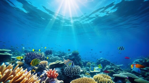 Vista subaquática de um colorido recife de coral marinho com peixes Ecossistema oceânico IA generativa