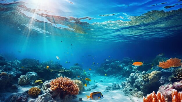 Vista subaquática de um colorido recife de coral marinho com peixes Ecossistema oceânico IA generativa