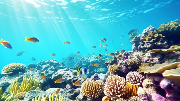 Vista subaquática de um colorido recife de coral marinho com peixes Ecossistema oceânico IA generativa