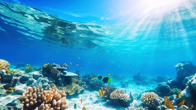 Vista subaquática de um colorido recife de coral marinho com peixes Ecossistema oceânico IA generativa