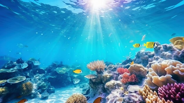 Vista subaquática de um colorido recife de coral marinho com peixes Ecossistema oceânico IA generativa