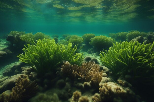 Vista subaquática de um grupo de fundos marinhos com ervas marinhas verdes