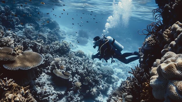 Vista subaquática de um mergulhador explorando um recife de coral O mergulhadora está cercada por peixes coloridos e formações de coral