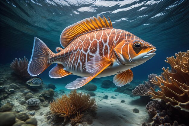 Foto vista subaquática de um peixe tropical nadando no mar vermelho