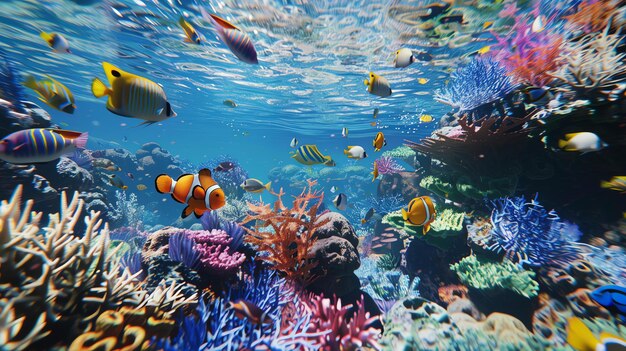 Foto vista subaquática de um recife de corais com muitos peixes coloridos nadando ao redor