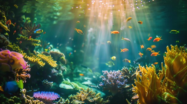 Vista subaquática de um recife de corais com muitos peixes coloridos