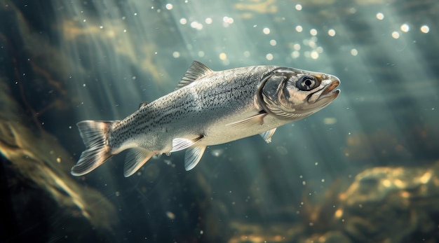 Vista subaquática de um único peixe nadando no oceano