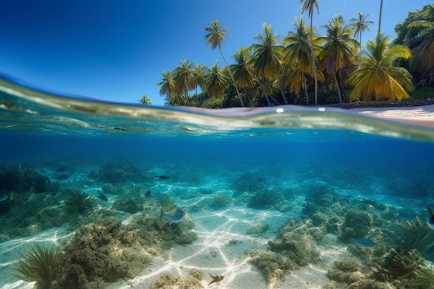 Vista subaquática de uma praia tropical com palmeiras e um céu azul