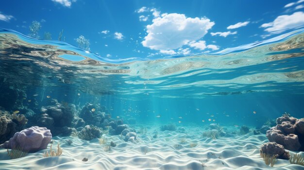 Vista subaquática dividida com céu ensolarado e mar sereno