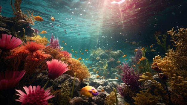 Vista subaquática do mar azul com recifes de coral crescendo no mar