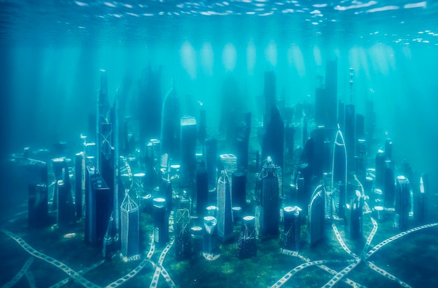 Vista subaquática do mundo subaquático A megacidade está debaixo d'água IA geradora